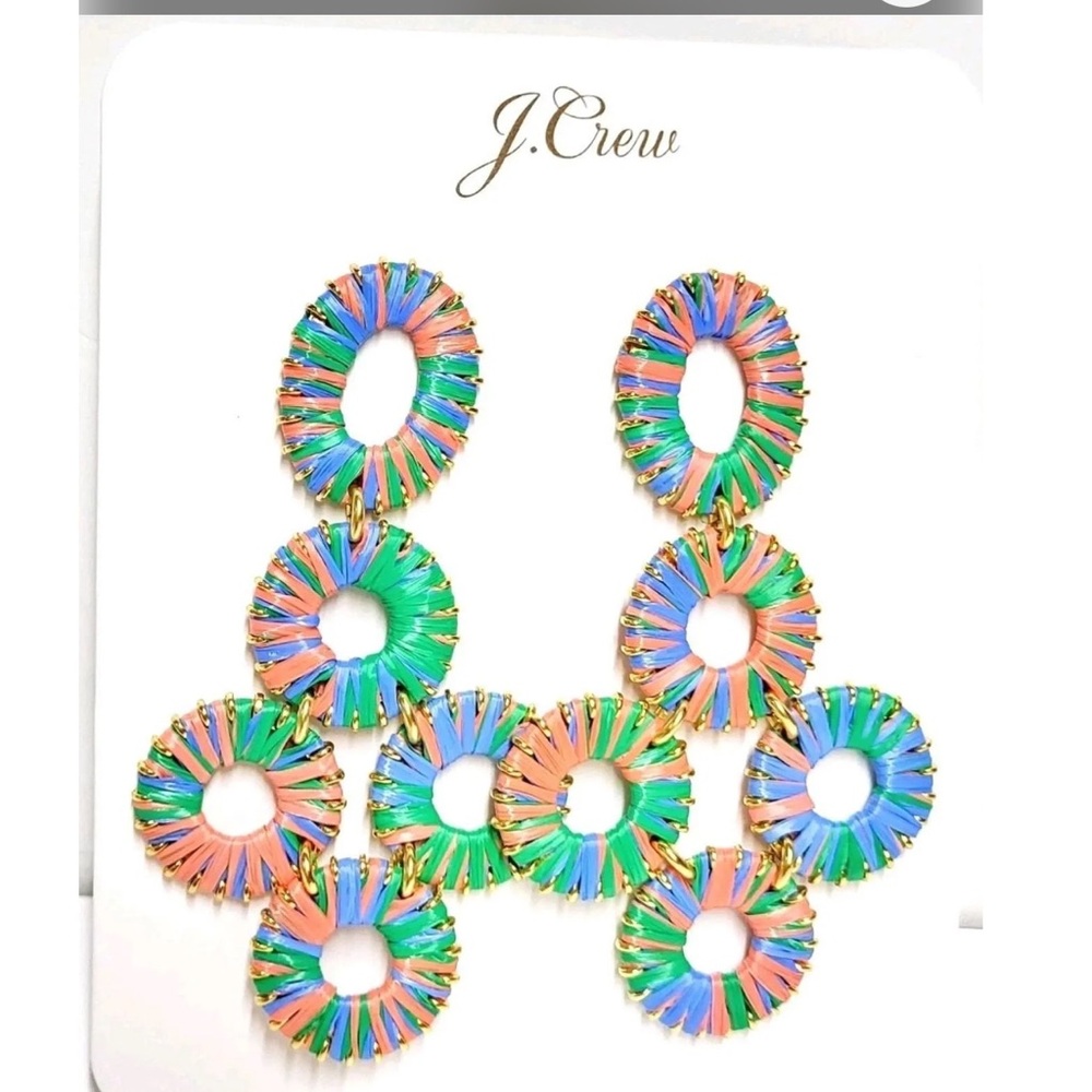 NWT J. Crew RAFFIA Wrapped Multicolor Circular Drop Earrings - Green, Blue, Pink